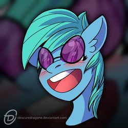 Size: 1024x1024 | Tagged: safe, artist:obscuredragone, oc, oc only, pony, big eyes, blushing, commission, freckles, glasses, happy, not lyra, open mouth, smiling, solo, sunglasses, ych result