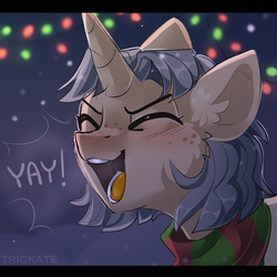 Size: 2500x2500 | Tagged: safe, artist:trickate, oc, oc only, oc:trickate, pony, unicorn, blushing, bust, clothes, high res, lights, portrait, scarf, snow, solo, winter, yay