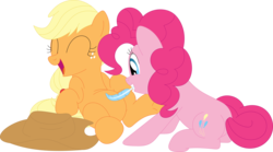 Size: 3583x1996 | Tagged: safe, artist:porygon2z, applejack, pinkie pie, earth pony, pony, g4, applejack's hat, belly tickling, cowboy hat, cute, diapinkes, duo, duo female, eyes closed, feather, female, hat, hatless, jackabetes, laughing, missing accessory, open mouth, simple background, tickling, transparent background, vector