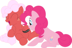 Size: 3578x2387 | Tagged: safe, artist:porygon2z, pinkie pie, oc, oc:strawberry fluffcake, earth pony, pony, g4, belly tickling, duo, duo female, feather, female, high res, open mouth, simple background, tickling, transparent background, vector