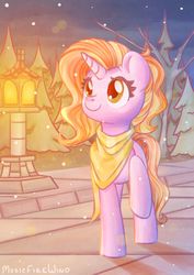 Size: 1280x1806 | Tagged: safe, artist:wavecipher, luster dawn, pony, unicorn, g4, the last problem, bandana, clothes, cute, female, happy, light, lusterbetes, mare, night, park, ponytail, post light, scarf, smiling, snow, snowfall, solo, streetlight, tree, walking
