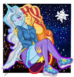 Size: 1590x1657 | Tagged: safe, artist:starwantrix, sunset shimmer, trixie, fanfic:it takes a while, equestria girls, g4, blushing, bridal carry, carrying, clothes, constellation, cutie mark, dress, explicit source, fanfic, fanfic art, fanfic in the description, female, hoodie, horn, horned humanization, humanized, kissing, lesbian, panties, purple underwear, ship:suntrix, shipping, shoes, skirt, sneakers, socks, stars, thigh highs, thigh socks, underwear, upskirt, ursa minor (constellation), wingding eyes, wings