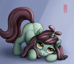 Size: 2500x2191 | Tagged: safe, artist:celsian, sprout greenhoof, pony, unicorn, g4, background pony, behaving like a cat, both cutie marks, cute, face down ass up, female, high res, las pegasus resident, lidded eyes, mare, signature, smiling, solo