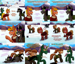 Size: 2106x1804 | Tagged: safe, artist:wiggles, king sombra, oc, oc:coffee talk, oc:dominus, oc:pun, oc:supremus longhorn, changeling, pony, ask king sombra, ask pun, g4, amputee, ask, brown changeling, disguise, disguised changeling, female, magic, mare, racism, rock, saddle bag, snow, tumblr
