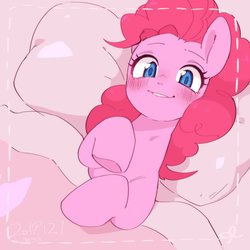 Size: 1720x1720 | Tagged: safe, artist:potetecyu_to, pinkie pie, earth pony, pony, g4, bed, blanket, blushing, colored pupils, cute, diapinkes, female, looking at you, lying on bed, mare, on back, on bed, pillow, smiling, solo