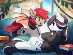 Size: 1280x973 | Tagged: safe, artist:hioshiru, oc, oc only, oc:swaybat, bat pony, earth pony, pony, bed, book, duo, fluffy, long tail, looking at each other, looking at someone, quantum physics, slender, tail, thin