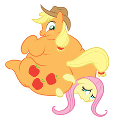 Size: 1123x1145 | Tagged: dead source, safe, artist:calorie, applejack, fluttershy, earth pony, pegasus, pony, g4, applefat, butt, duo, duo female, fat, female, flutterseat, obese, plot, simple background, sitting, sitting on person, sitting on pony, white background