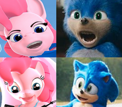 Size: 858x752 | Tagged: safe, artist:nobody25445, edit, editor:logan jones, pinkie pie, earth pony, hedgehog, pony, anthro, g4, 3d, before and after, comparison, creepy, cute, male, nightmare fuel, sonic movie 2020, sonic the hedgehog, sonic the hedgehog (series), source filmmaker, ugly sonic, uncanny valley