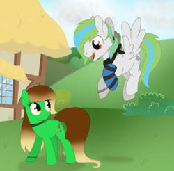 Size: 2792x2746 | Tagged: safe, artist:dyonys, oc, oc:lucky brush, oc:rainfall, earth pony, pegasus, pony, choker, clothes, female, flying, high res, house, looking at each other, male, mare, scarf, show accurate, smiling, sock, socks, stallion, standing, striped socks