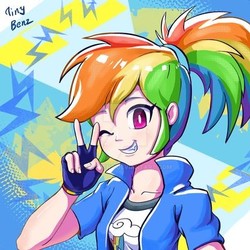 Size: 400x400 | Tagged: safe, artist:tinybenz, rainbow dash, human, equestria girls, g4, alternate hairstyle, bust, clothes, cute, dashabetes, female, fingerless gloves, gloves, human coloration, humanized, one eye closed, peace sign, ponytail, solo, wink
