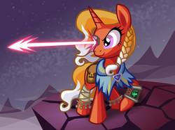 Size: 1034x773 | Tagged: safe, artist:cazra, firebrand, cyborg, pony, unicorn, fallout equestria, tails of equestria, eye beams, eye laser, mountain, pipbuck, saddle bag, solo, stable-tec colors, stars