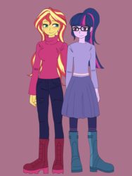 Size: 2448x3264 | Tagged: safe, artist:haibaratomoe, sci-twi, sunset shimmer, twilight sparkle, equestria girls, equestria girls specials, g4, my little pony equestria girls: better together, my little pony equestria girls: holidays unwrapped, boots, clothes, duo, female, high res, lesbian, ship:sci-twishimmer, ship:sunsetsparkle, shipping, shoes, winter outfit
