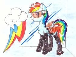 Size: 1032x774 | Tagged: safe, artist:zocidem, rainbow dash, cyborg, pegasus, pony, g4, augmented, crossover, cutie mark, cutie mark background, deus ex, drawing, female, simple background, solo, technology, traditional art