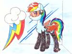 Size: 1032x774 | Tagged: safe, artist:zocidem, rainbow dash, cyborg, pegasus, pony, augmented, crossover, cutie mark, cutie mark background, deus ex, drawing, female, simple background, solo, technology, traditional art