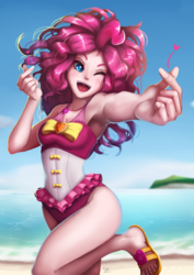 Size: 706x1000 | Tagged: safe, artist:the-park, pinkie pie, human, equestria girls, g4, adorasexy, armpits, attached skirt, beach, beach babe, bow swimsuit, clothes, cloud, cute, diapinkes, feet, female, finger heart, flip-flops, floating heart, frilled swimsuit, geode of sugar bombs, heart, human coloration, looking at you, magical geodes, ocean, one eye closed, one-piece swimsuit, open mouth, pink swimsuit, sandals, sexy, skirt, sky, smiling, solo, swimsuit, toes, tricolor swimsuit, wink