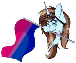 Size: 652x536 | Tagged: safe, artist:chazmazda, oc, oc only, alicorn, earth pony, pegasus, pony, unicorn, bisexual pride flag, bust, flag, goggles, portrait, pride, pride flag, solo