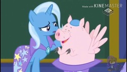 Size: 1280x720 | Tagged: safe, screencap, trixie, oc, flying pig, pig, pony, unicorn, a matter of principals, g4, boomerang (tv channel), female, hat, kinemaster, mare, petting, prone, watermark