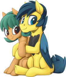 Size: 1039x1200 | Tagged: safe, artist:mysticalpha, derpibooru exclusive, oc, oc only, oc:jade bangs, oc:tinkerwing, pegasus, pony, 2020 community collab, derpibooru community collaboration, blank flank, chest fluff, father and daughter, female, filly, freckles, hug, looking at you, male, simple background, sitting, smiling, stallion, transparent background