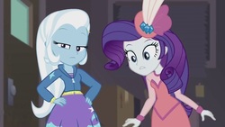Size: 1280x720 | Tagged: safe, screencap, rarity, trixie, equestria girls, g4, my little pony equestria girls: better together, rarity investigates: the case of the bedazzled boot, rarity investigates: the case of the bedazzled boot: trixie, female, hat, pillbox hat