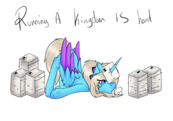 Size: 1100x768 | Tagged: safe, artist:chazmazda, oc, oc only, oc:charlie gallaxy-starr, alicorn, pony, face down ass up, horn, horn impalement, paper, solo, stack, tired, wings