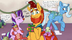 Size: 2560x1440 | Tagged: safe, artist:fuzzypones, starlight glimmer, sunburst, trixie, pegasus, pony, unicorn, g4, :p, blushing, colt, fake antlers, female, festive, filly, hat, hearth's warming eve, holding a pony, kids, male, mare, ponies riding ponies, riding, sitting, stallion, standing, text, tongue out