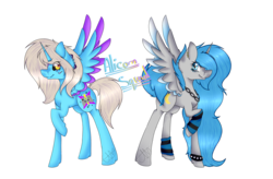 Size: 2295x1507 | Tagged: safe, artist:chazmazda, oc, oc only, oc:charlie gallaxy-starr, oc:moonbeam, alicorn, pony, alicorn oc, chains, collar, concave belly, duo, ear piercing, horn, leg warmers, long legs, piercing, raised hoof, shade, simple background, spiked wristband, transparent background, wristband