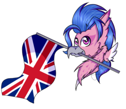 Size: 539x467 | Tagged: safe, artist:chazmazda, oc, oc only, classical hippogriff, hippogriff, bust, commission, flag, mouth hold, portrait, shade, solo, union jack, your character here
