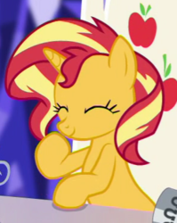 Size: 294x369 | Tagged: safe, screencap, sunset shimmer, pony, unicorn, equestria girls, equestria girls specials, g4, my little pony equestria girls: better together, my little pony equestria girls: spring breakdown, cropped, cute, eyes closed, female, friendship throne, mare, raised hoof, shimmerbetes, sitting, smiling, solo