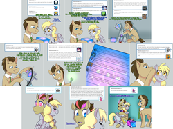 Size: 3006x2254 | Tagged: safe, artist:jitterbugjive, derpy hooves, doctor whooves, time turner, oc, oc:neosurgeon, pony, robot, lovestruck derpy, g4, crying, cube, doctor who, good end, high res, hug, sonic screwdriver, the doctor