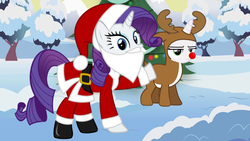 Size: 1600x901 | Tagged: artist needed, safe, rarity, sweetie belle, deer, pony, reindeer, unicorn, forever filly, g4, animal costume, antlers, christmas, christmas tree, clothes, costume, fake beard, female, filly, hat, holiday, looking at you, mare, red nose, reindeer costume, santa claus, santa costume, santa hat, siblings, sisters, snow, sweetie belle is not amused, tree, unamused, winter
