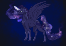 Size: 2388x1668 | Tagged: safe, artist:t3ssrina, nightmare moon, alicorn, pony, g4, blue background, ethereal mane, ethereal tail, female, galaxy mane, glowing horn, horn, mare, simple background, solo