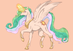 Size: 2388x1668 | Tagged: safe, artist:t3ssrina, princess celestia, alicorn, pony, g4, crown, female, glowing horn, hoers, horn, jewelry, mare, peytral, regalia, simple background, solo, spread wings, wings