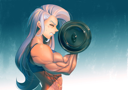 Size: 1400x988 | Tagged: safe, artist:bakki, trixie, human, g4, commission, dumbbell (object), eyes closed, grand and muscular trixie, gritted teeth, humanized, lifting, muscles, muscular female, struggling, sweat, weight lifting, weights, workout, workout outfit