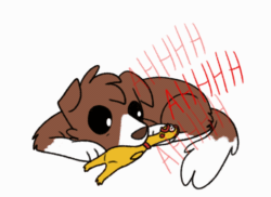 Size: 560x408 | Tagged: safe, artist:askwinonadog, winona, dog, ask winona, g4, animated, chew toy, dog toy, female, gif, prone, rubber chicken, screaming, simple background, solo, squeaky toy, white background
