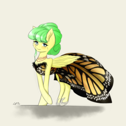 Size: 3000x3000 | Tagged: safe, artist:maneingreen, oc, oc only, oc:plumette, butterfly, monarch butterfly, pegasus, pony, clothes, dress, high res, horseshoes, jewelry, necklace, simple background, solo, white background