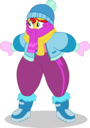 Size: 747x1070 | Tagged: safe, artist:cyberapple456, sunset shimmer, equestria girls, equestria girls series, g4, holidays unwrapped, saving pinkie's pie, spoiler:eqg series (season 2), a christmas story, beanie, boots, bundled up, bundled up for winter, clothes, coat, female, gloves, hat, huggable, overdressed, scarf, shoes, show accurate, simple background, snow pants, solo, transparent background, vector, winter outfit