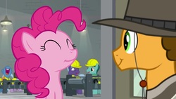 Size: 1920x1080 | Tagged: safe, screencap, cheese sandwich, giggleberry, lavender chuckle, pinkie pie, earth pony, pony, g4, the last laugh, background pony, duo focus, female, hard hat, hat, male, mare, smiling, stallion, unnamed character, unnamed pony