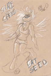 Size: 1034x1528 | Tagged: safe, artist:loki-bagel, oc, oc only, oc:terracotta, hippogriff, anthro, clothes, female, fit, grabby boi, scan, shorts, skateboard, slender, solo, sunglasses, tank top, thin, traditional art