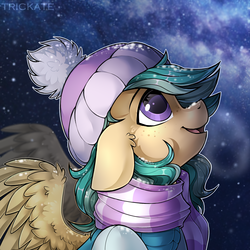 Size: 3000x3000 | Tagged: safe, artist:trickate, oc, oc only, oc:summer ray, pegasus, pony, beanie, clothes, hat, high res, looking up, night, scarf, smiling, snow, solo, starry night, stars, winter