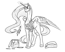 Size: 1300x1037 | Tagged: safe, artist:akweer, princess celestia, alicorn, giraffe, pony, g4, female, long neck, monochrome, paint can, paint on fur, paintbrush, peytral, sketch, solo, traditional art