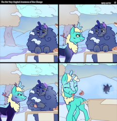 Size: 878x911 | Tagged: safe, artist:sky-railroad, artist:viwrastupr, oc, oc only, oc:kno change, unnamed oc, kirin, nirik, pony, comic:the not very magical adventures of kno change, cartoon physics, eating, fluffy, grapefruit, impact silhouette, snow, winter fluff