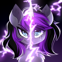 Size: 3333x3333 | Tagged: safe, artist:airiniblock, oc, oc only, oc:purple flame, pony, unicorn, commission, female, freckles, high res, lightning, looking at you, mare, solo, split screen