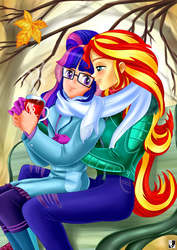 Size: 1000x1414 | Tagged: safe, artist:lord--opal, sci-twi, sunset shimmer, twilight sparkle, human, equestria girls, equestria girls series, g4, holidays unwrapped, spoiler:eqg series (season 2), bench, clothes, female, human coloration, leaf, lesbian, scarf, shared clothing, shared scarf, ship:sci-twishimmer, ship:sunsetsparkle, shipping, tree, winter outfit