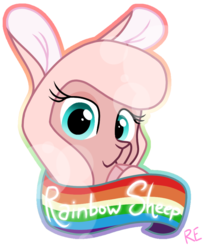 Size: 750x916 | Tagged: safe, artist:rainbow eevee, pom (tfh), lamb, sheep, them's fightin' herds, bust, community related, female, gay pride, lidded eyes, looking at you, pride, simple background, solo, sticker, transparent background