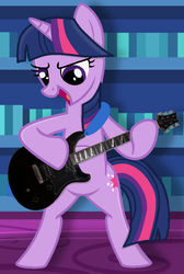 Size: 641x955 | Tagged: safe, artist:estories, artist:grapefruitface1, artist:therockinstallion, twilight sparkle, pony, unicorn, g4, base used, bipedal, cute, electric guitar, female, guitar, library, musical instrument, show accurate, solo, standing, twiabetes