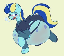 Size: 1318x1153 | Tagged: safe, artist:bumpywish, oc, oc:jester bells, pony, unicorn, belly, belly pox, blushing, female, hyper, inflation, large belly, raised hoof, simple background, yellow background