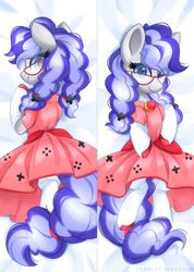 Size: 1280x1800 | Tagged: safe, artist:scarlet-spectrum, oc, oc only, oc:cinnabyte, earth pony, pony, body pillow, body pillow design, cinnabetes, clothes, cute, dress, female, glasses, looking at you, lying down, mare, meganekko, ocbetes, pigtails, solo