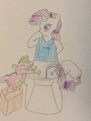 Size: 772x1034 | Tagged: safe, artist:snipiper, rarity, spike, dragon, pony, unicorn, g4, blushing, but why, butt, butt touch, butthug, fart, fart fetish, female, fetish, hand on butt, hug, implied pooping, male, plot, rearity, ship:sparity, shipping, sitting on toilet, story included, straight, toilet, traditional art