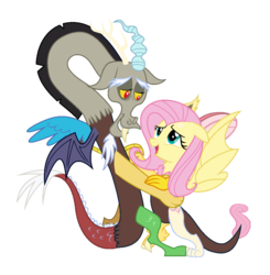 Size: 1015x1035 | Tagged: safe, derpibooru exclusive, edit, editor:proto29, discord, fluttershy, draconequus, pony, g4, draconequified, female, flutterequus, immortality blues no more, male, mismatched ears, mismatched wings, ship:discoshy, shipping, simple background, species swap, straight, transformation, white background, wings