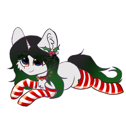 Size: 1800x1700 | Tagged: safe, artist:likalido, oc, oc only, oc:vex vixen, pony, unicorn, bell, bell collar, chest fluff, christmas, clothes, collar, cute, holiday, simple background, socks, solo, stockings, striped socks, thigh highs, white background